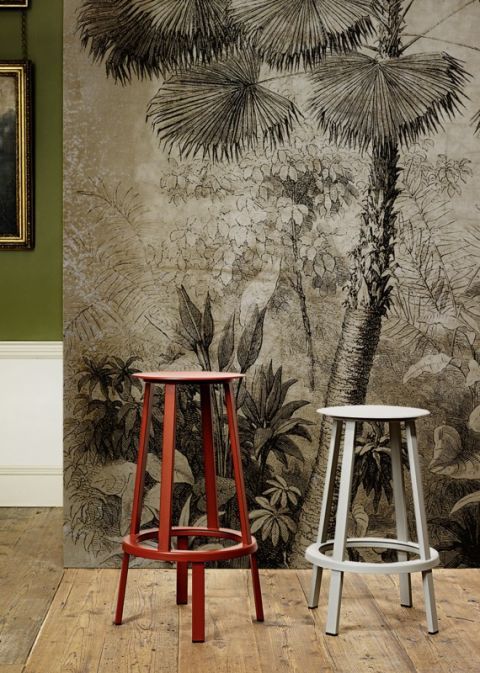 Furniture, Tree, Wall, Stool, Bar stool, Table, Visual arts, Chair, Interior design, Wallpaper, 