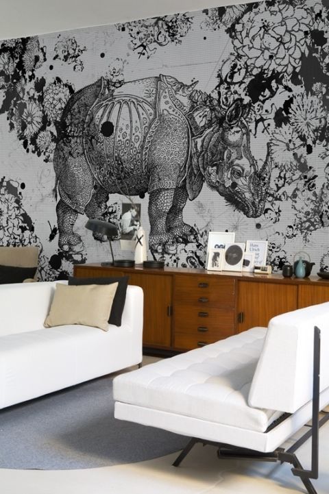 Black-and-white, Room, Living room, Wall, Wallpaper, Interior design, Tree, Branch, Design, Elephant, 