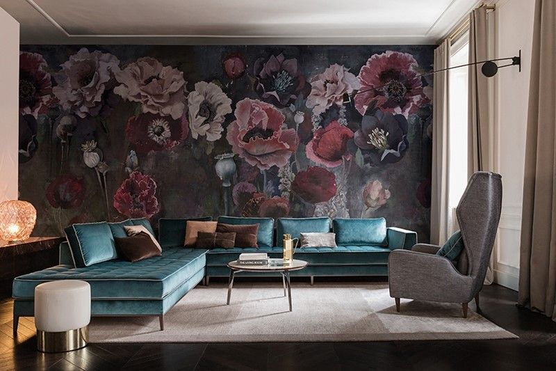 Living room, Room, Interior design, Wall, Wallpaper, Furniture, Couch, Pink, Art, Mural, 