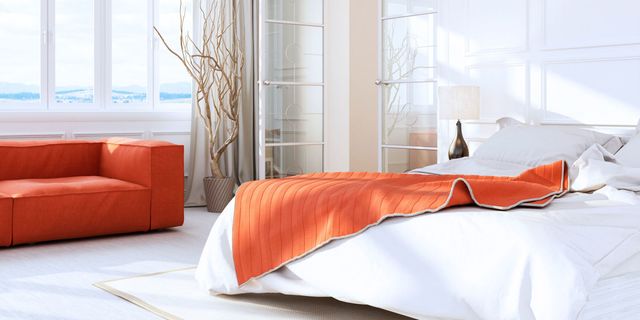 Orange, Furniture, Bed, Bed sheet, Bedding, Room, Red, Bedroom, Interior design, Pillow, 