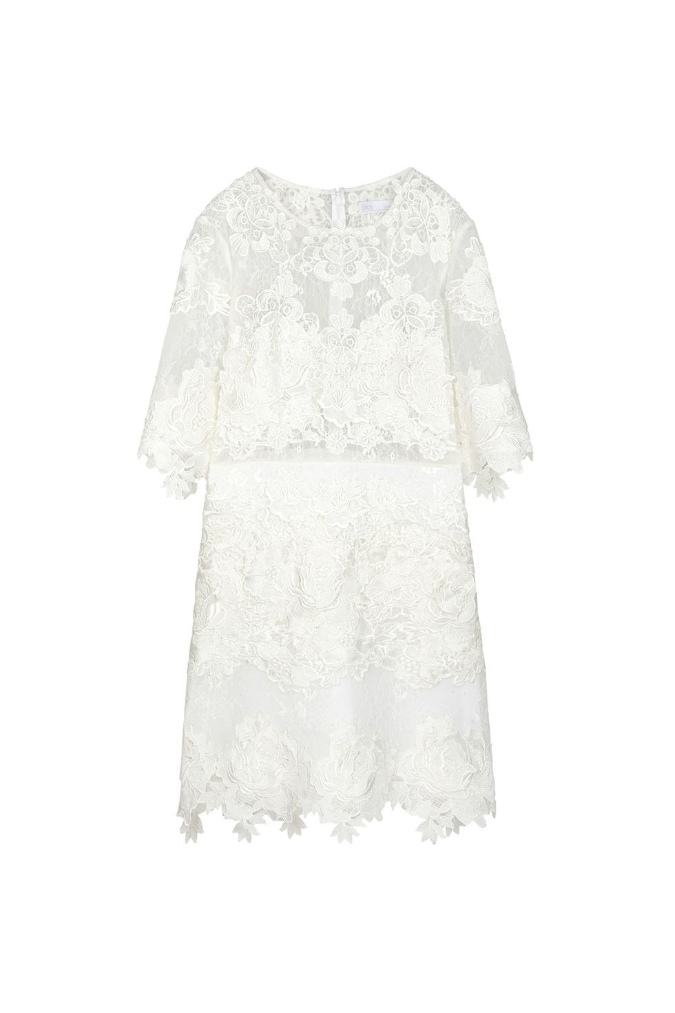 Clothing, White, Lace, Dress, Sleeve, Blouse, Outerwear, Day dress, Top, Cocktail dress, 
