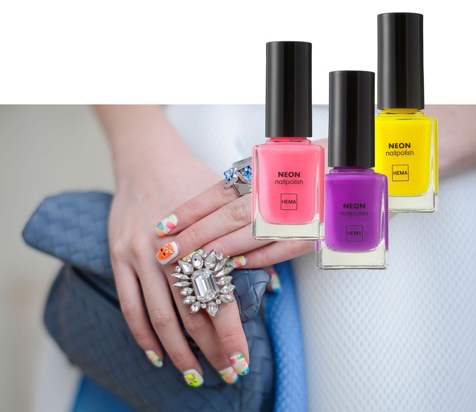Nail polish, Nail, Nail care, Cosmetics, Pink, Manicure, Finger, Beauty, Yellow, Purple, 