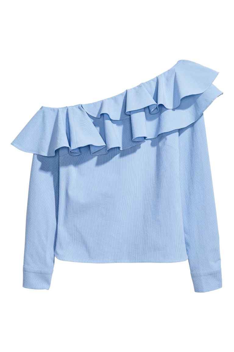 Blue, Clothing, Product, Sleeve, Blouse, Shoulder, Textile, T-shirt, Ruffle, 