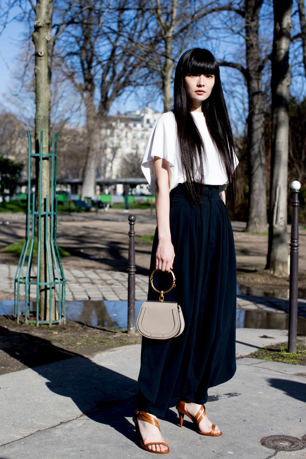 Clothing, White, Street fashion, Black, Fashion, Dress, Shoulder, Snapshot, Footwear, Waist, 