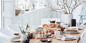 White, Room, Brunch, Table, Interior design, Furniture, Home, Dining room, Meal, Tableware, 