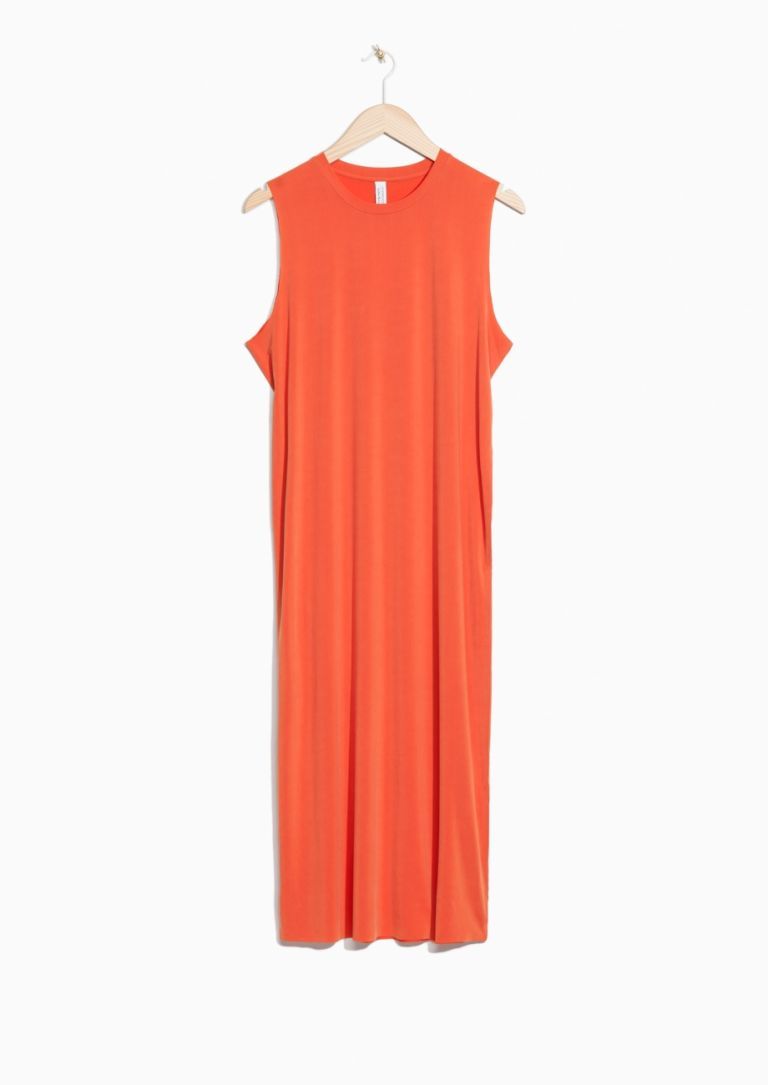 Clothing, Orange, Dress, Red, Day dress, Yellow, Sleeve, Sleeveless shirt, Peach, Neck, 