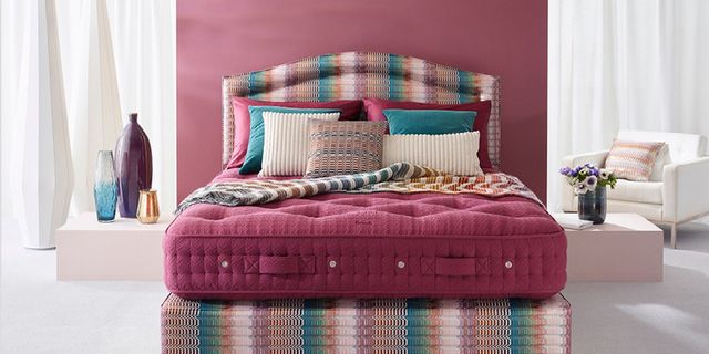 Furniture, Bedroom, Bed, Pink, Bedding, Room, Interior design, Turquoise, Bed frame, Textile, 