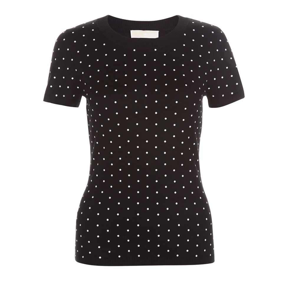 T-shirt, Clothing, Black, Sleeve, Pattern, Design, Polka dot, Top, Outerwear, Neck, 