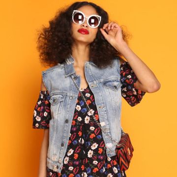 Clothing, Orange, Fashion model, Eyewear, Yellow, Fashion, Lip, Photo shoot, Dress, Shoulder, 