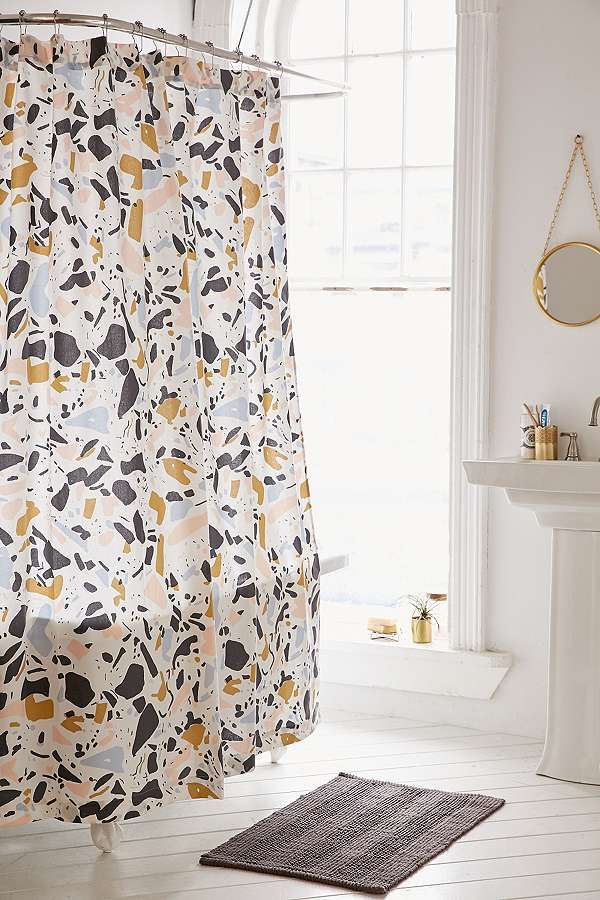 Shower curtain, Curtain, Interior design, Room, Window treatment, Bathroom, Bathroom accessory, Textile, Tile, Floor, 