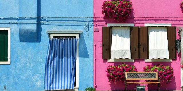 Blue, Pink, Red, Window, Green, Wall, Turquoise, Yellow, Door, Facade, 