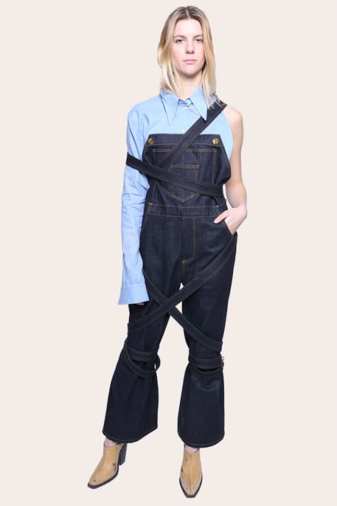 Clothing, Overall, Standing, Denim, Blue, One-piece garment, Jeans, Workwear, Trousers, Outerwear, 