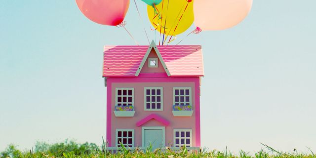 Pink, House, Balloon, Wheel, Illustration, Building, Clip art, 