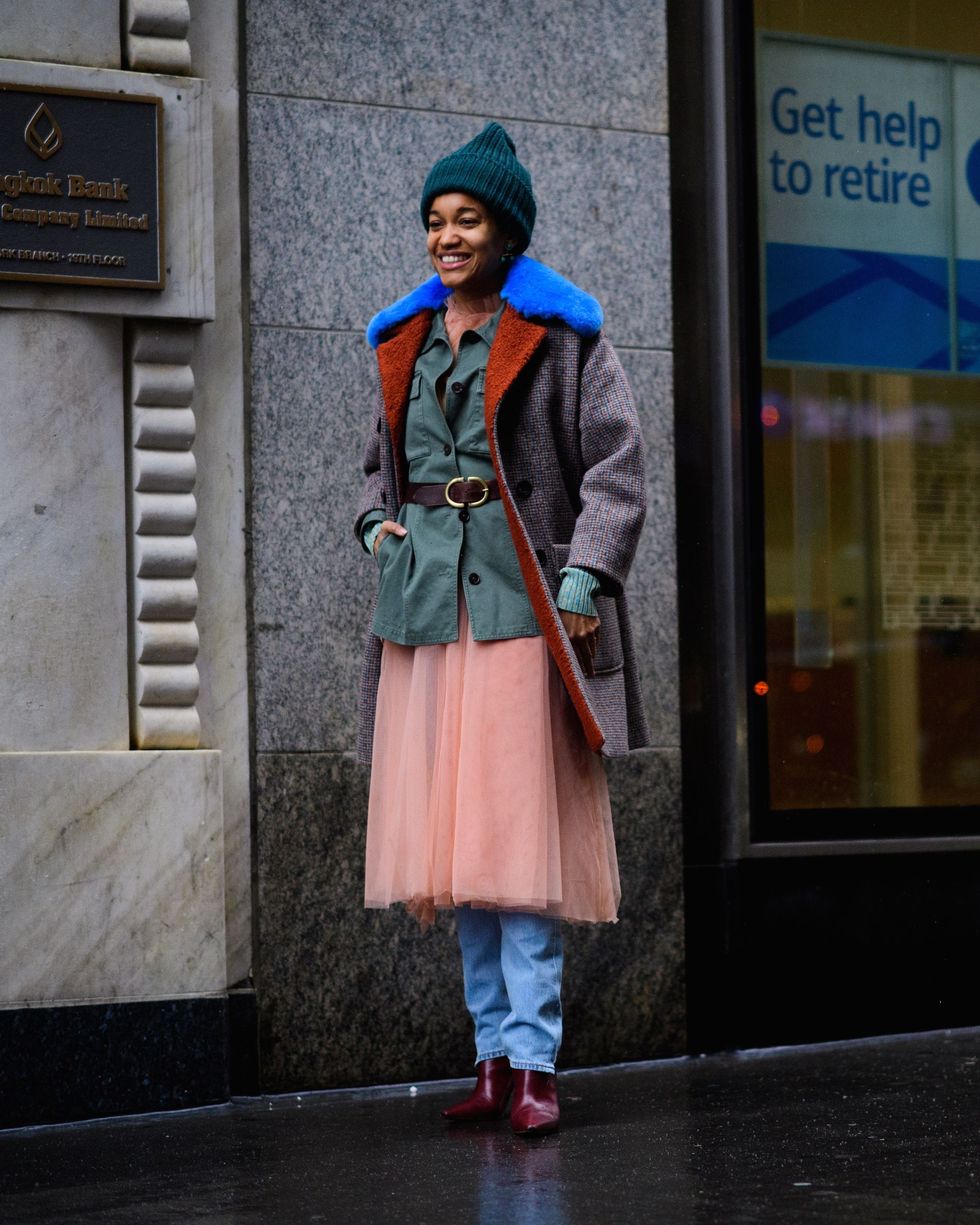 Standing, Style, Bag, Street fashion, Electric blue, Luggage and bags, Beanie, Signage, Scarf, Bonnet, 
