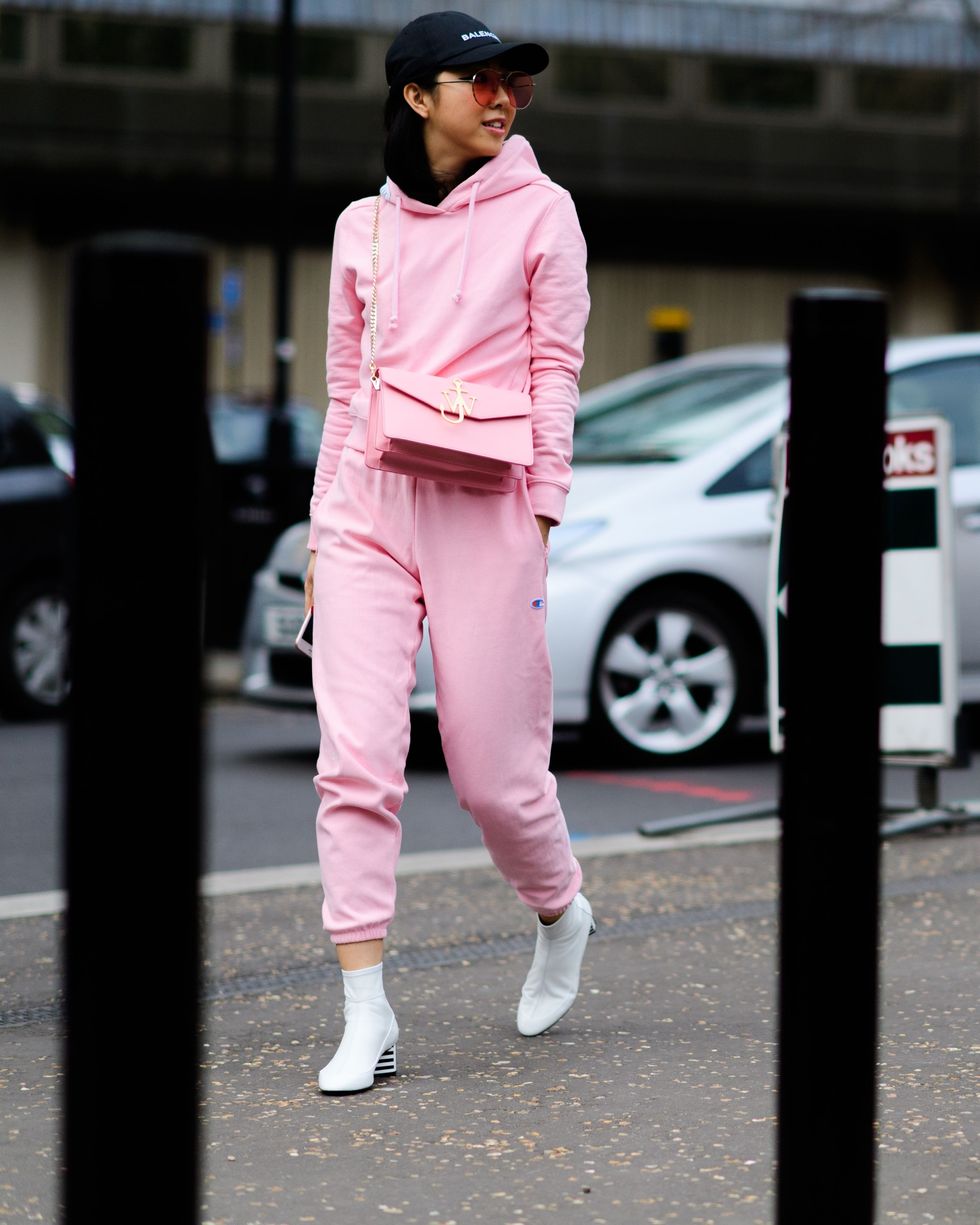 Pink, Clothing, Street fashion, White, Fashion, Snapshot, Footwear, Outerwear, Sportswear, Shoe, 