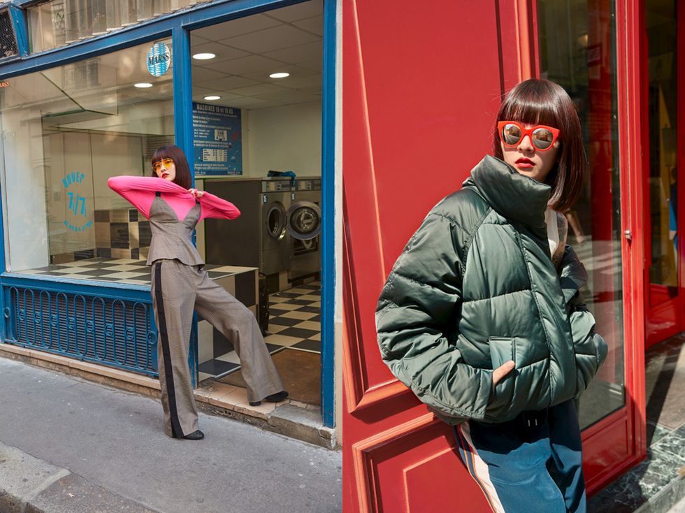 Red, Standing, Snapshot, Pink, Outerwear, Jacket, Window, Street, Door, Jeans, 