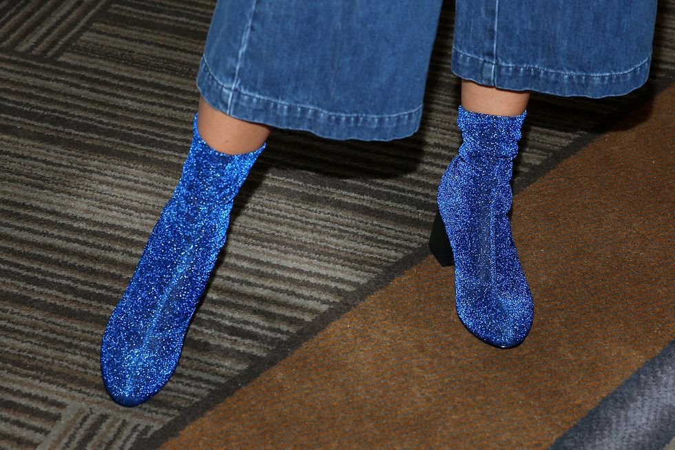 Sock, Blue, Footwear, Cobalt blue, Electric blue, Shoe, Ankle, Human leg, Leg, Jeans, 