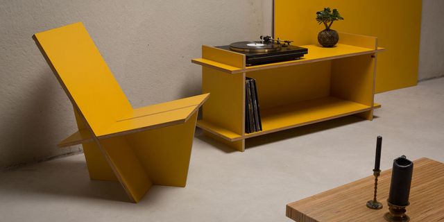 Yellow, Furniture, Table, Desk, Interior design, Room, Architecture, 