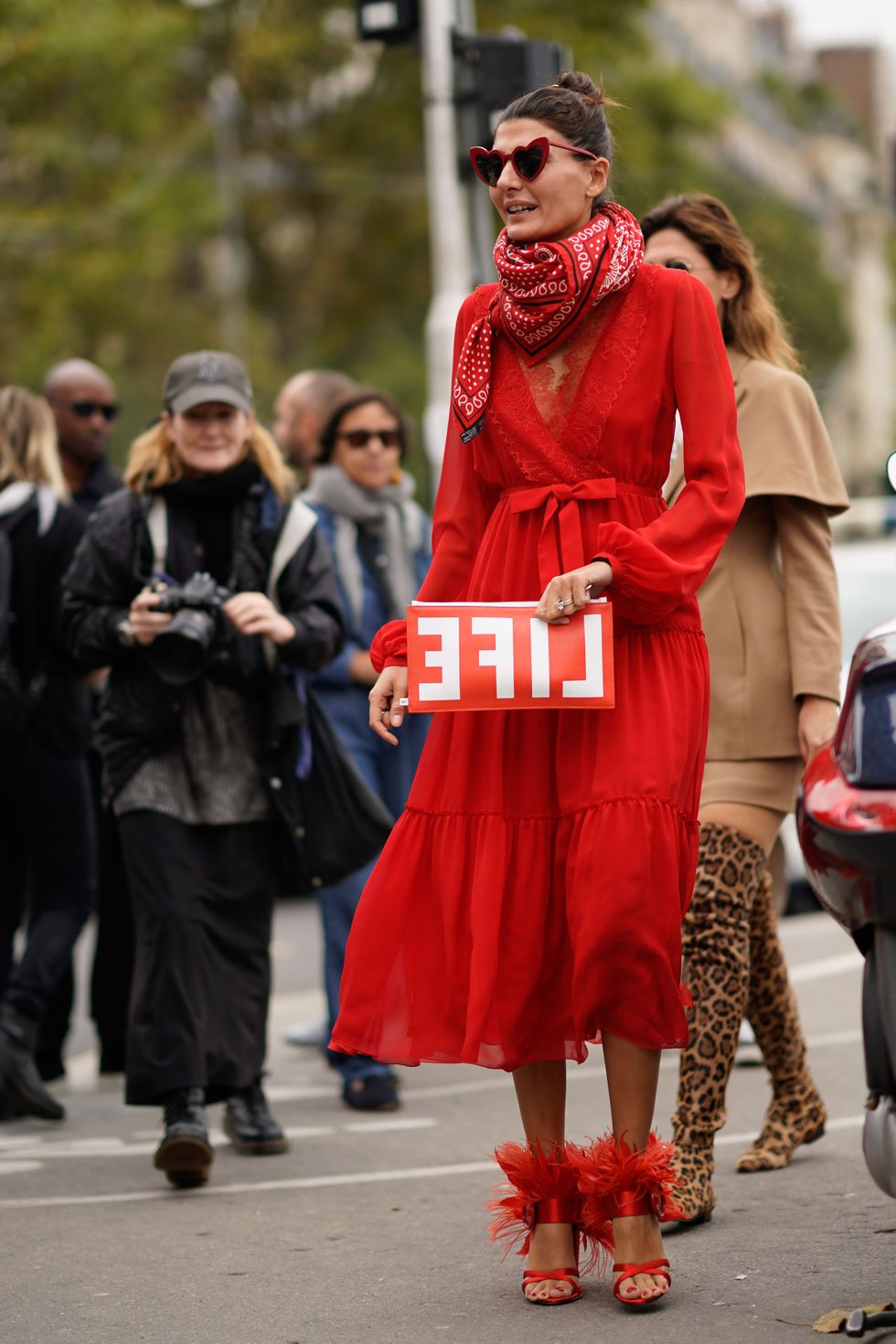 Street fashion, Red, Clothing, Fashion, Orange, Outerwear, Dress, Footwear, Event, Haute couture, 