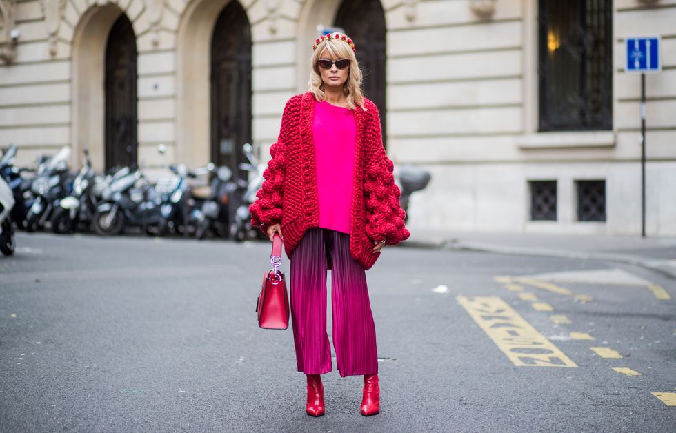 Pink, Clothing, Street fashion, Fashion, Red, Magenta, Shoulder, Outerwear, Fur, Footwear, 