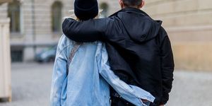 Street fashion, Jeans, Interaction, Fashion, Jacket, Outerwear, Human, Gesture, Denim, Photography, 