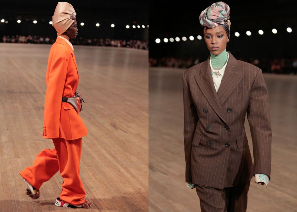 Fashion, Fashion model, Turban, Human, Suit, Runway, Outerwear, Headgear, Fashion design, Fashion show, 