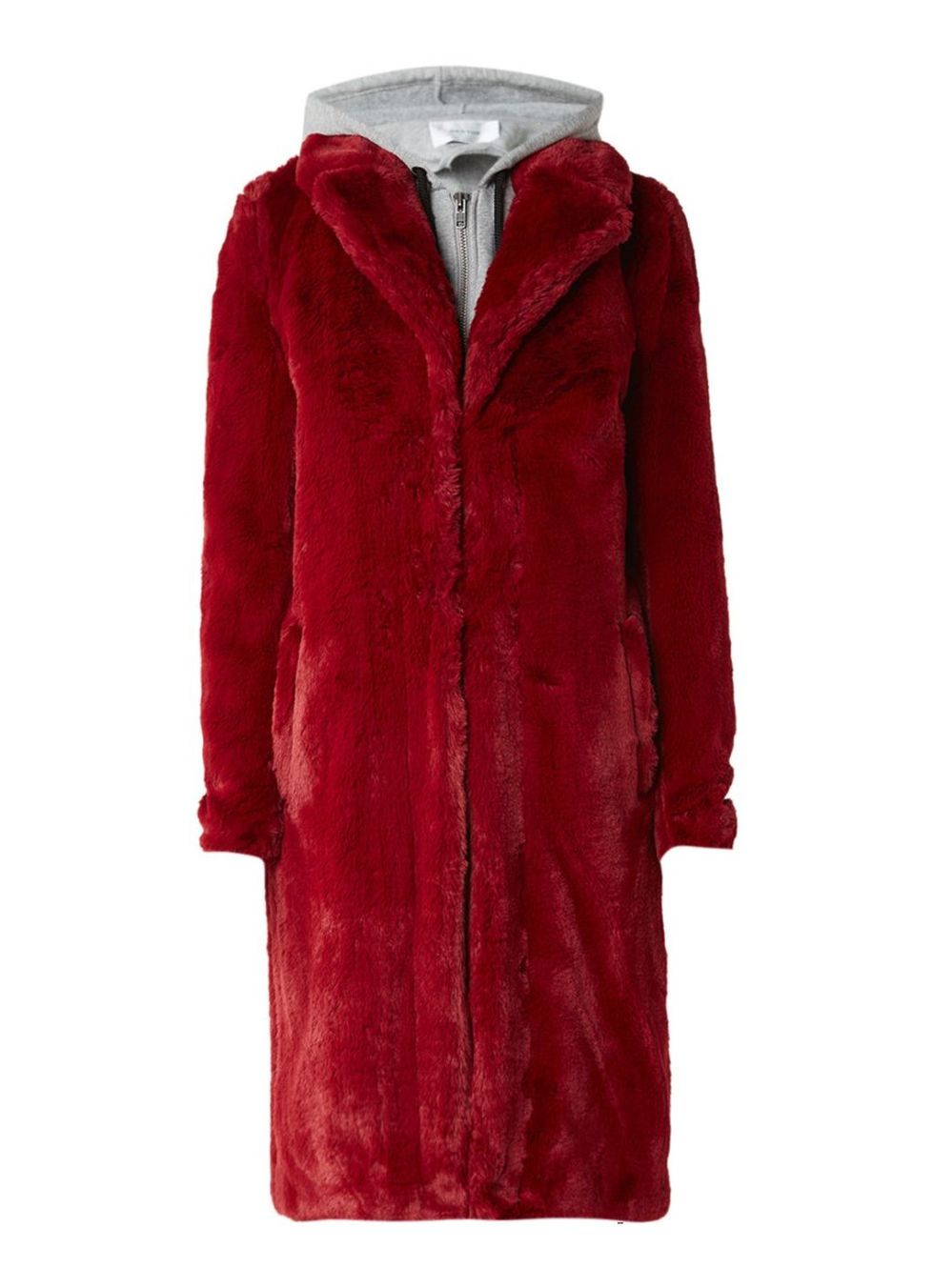 Clothing, Fur, Outerwear, Hood, Coat, Red, Sleeve, Fur clothing, Overcoat, Jacket, 