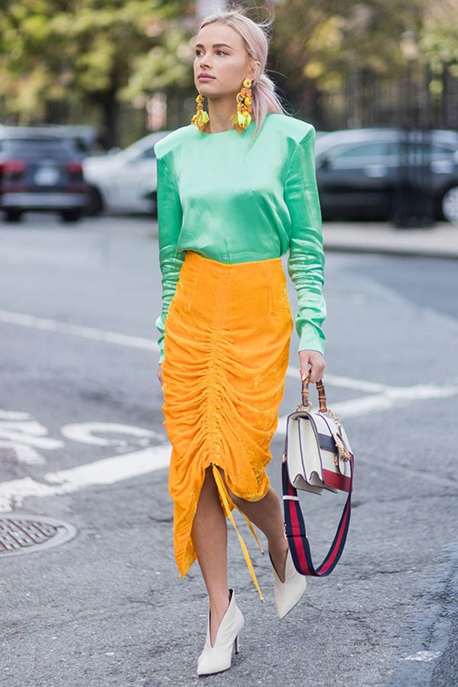 Clothing, Street fashion, Orange, Yellow, Fashion, Pencil skirt, Turquoise, Green, Waist, Crop top, 