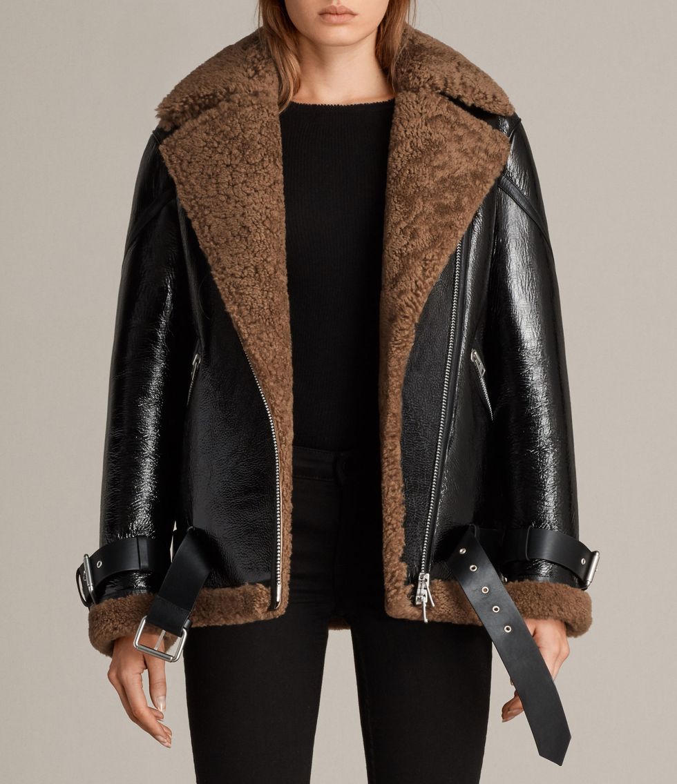 Clothing, Outerwear, Jacket, Leather, Sleeve, Leather jacket, Fur, Coat, Brown, Overcoat, 