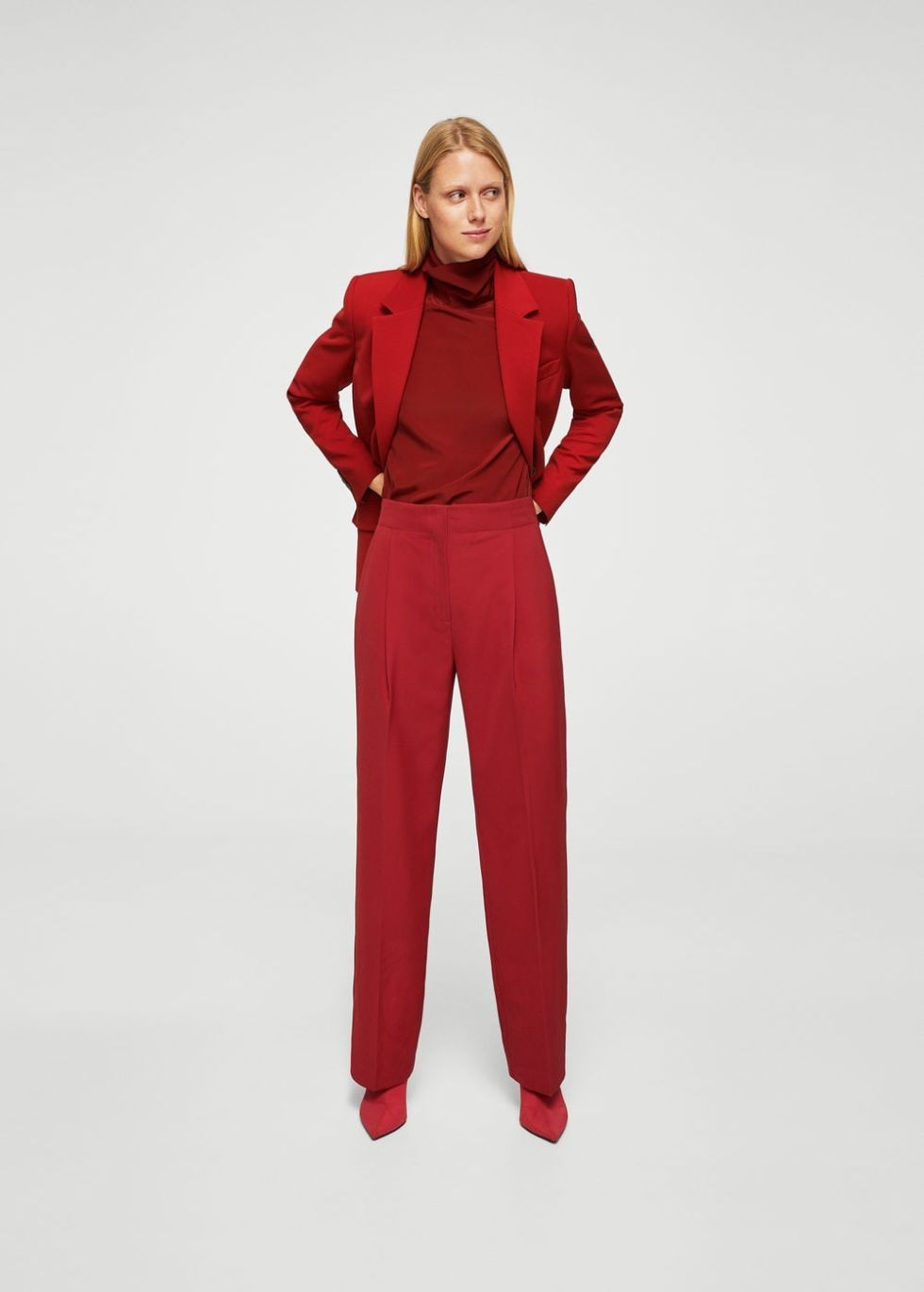 Clothing, Red, Standing, Suit, Shoulder, Neck, Trousers, Outerwear, Leg, Overall, 