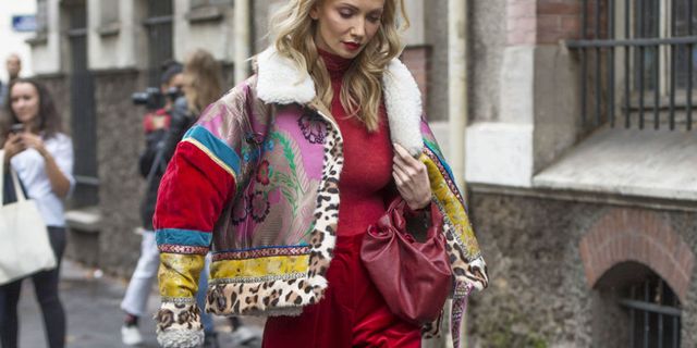 Street fashion, Clothing, Fashion, Pink, Outerwear, Magenta, Textile, Fur, Jacket, Footwear, 