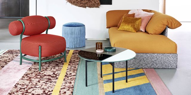 Furniture, Living room, Coffee table, Room, Interior design, Table, Floor, Turquoise, Chair, Yellow, 