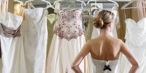 Dress, Clothing, Wedding dress, Bridal party dress, Gown, Bridal clothing, Shoulder, Bride, Bridal accessory, A-line, 