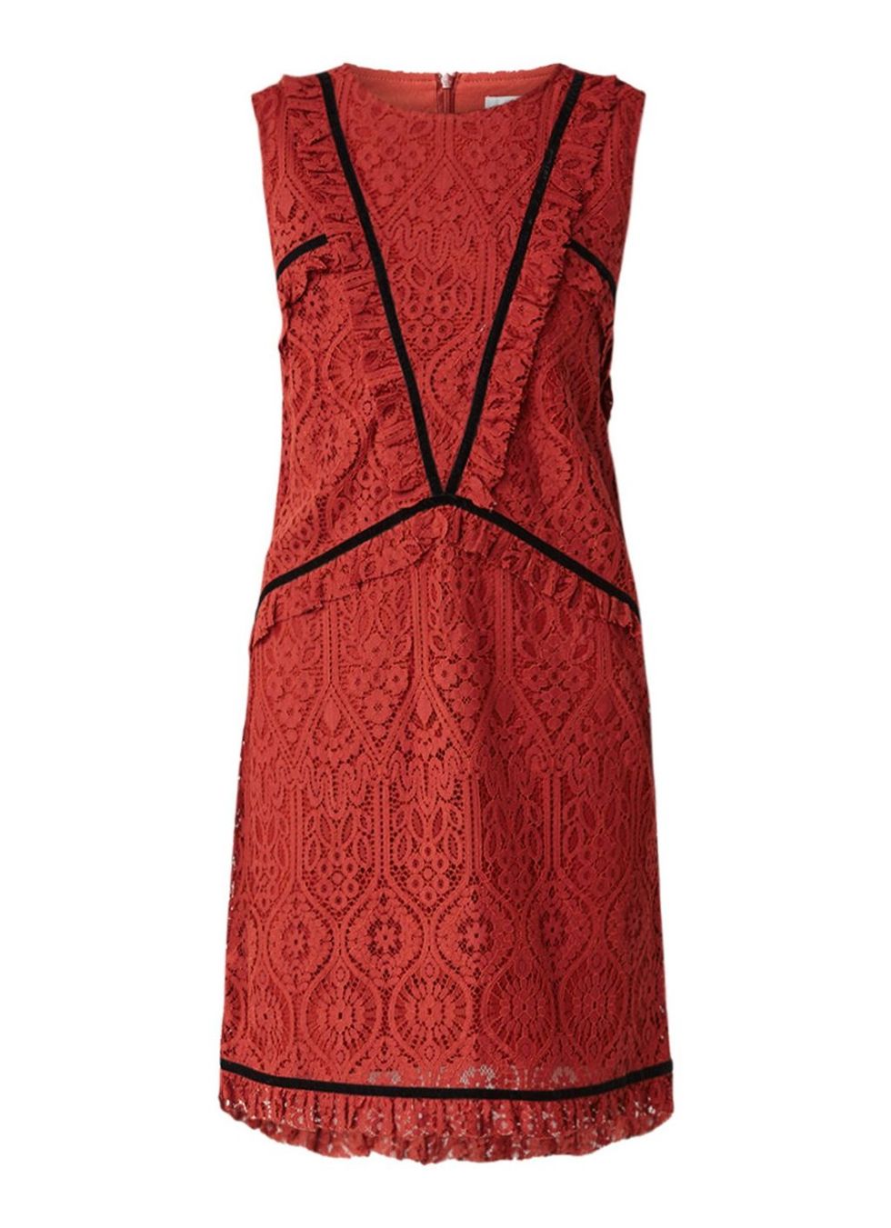 Clothing, Dress, Day dress, Red, Cocktail dress, Maroon, A-line, Sleeveless shirt, Pattern, Lace, 