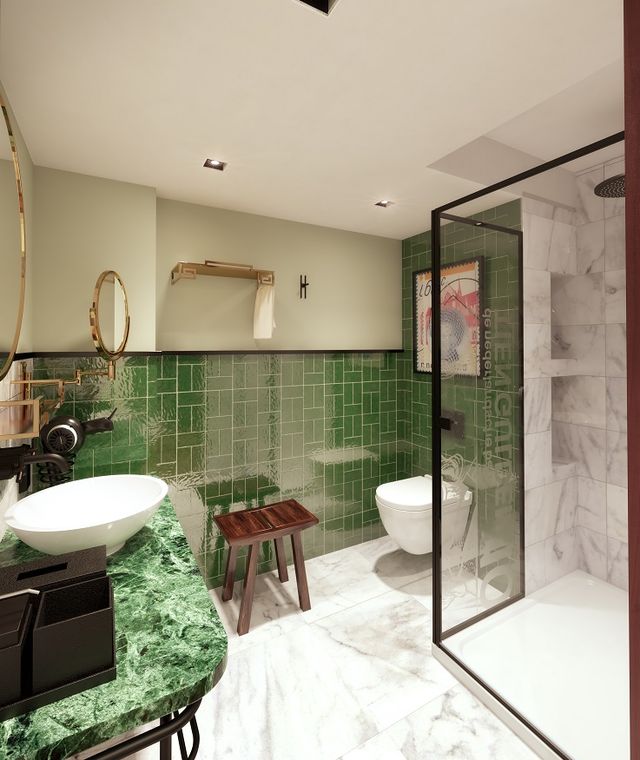 Bathroom, Room, Property, Interior design, Green, Floor, Building, House, Tile, Ceiling, 