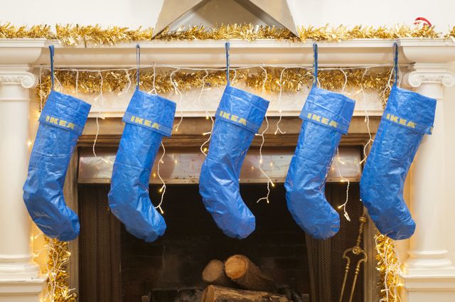 Blue, Christmas stocking, Footwear, Textile, Room, Christmas decoration, Interior design, 