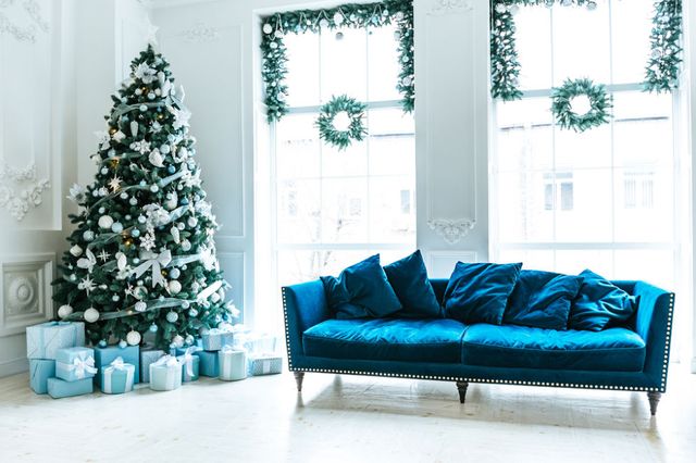 Christmas tree, Christmas decoration, Living room, Furniture, Room, Blue, Couch, Turquoise, Tree, Interior design, 