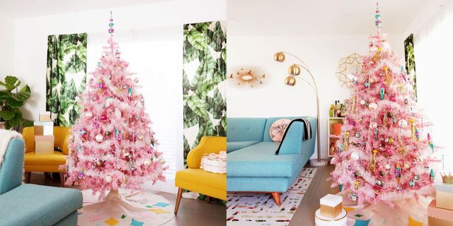 Christmas decoration, Pink, Christmas tree, Room, Wallpaper, Interior design, Decoration, Tree, Furniture, Living room, 