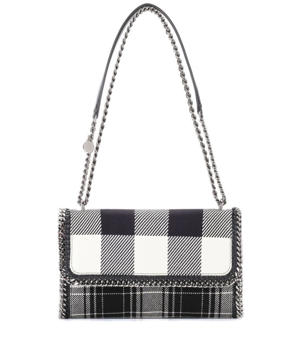 Handbag, Bag, White, Shoulder bag, Tartan, Pattern, Fashion accessory, Black-and-white, Design, Plaid, 