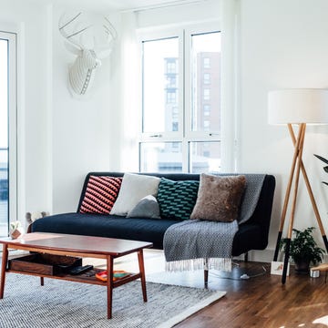 Living room, Furniture, Room, White, Interior design, Couch, Blue, Coffee table, Property, Home, 