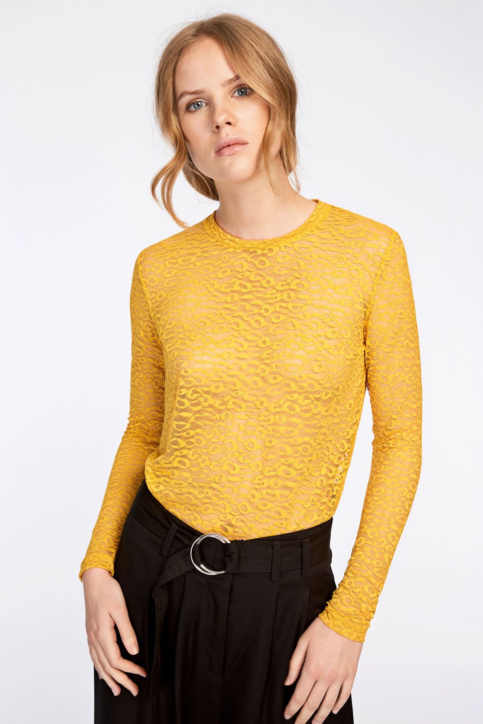Clothing, Yellow, Neck, Sleeve, Shoulder, Photo shoot, Top, Blouse, Outerwear, Sweater, 