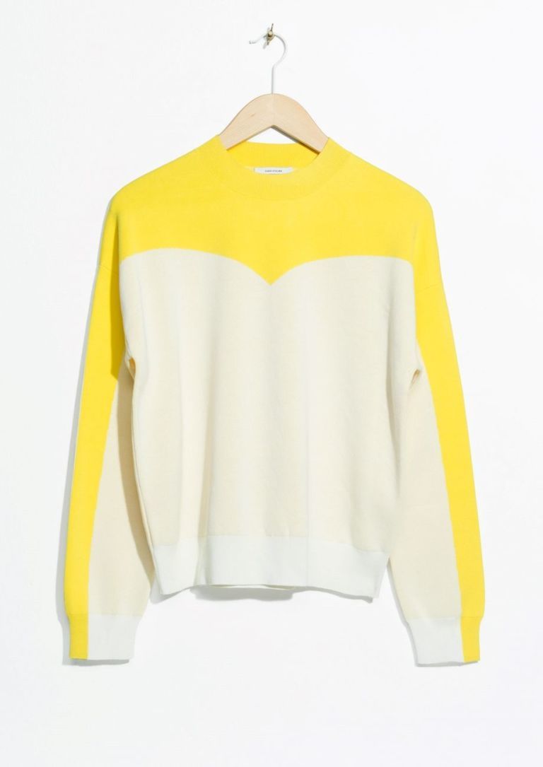 Clothing, Yellow, Sleeve, Outerwear, Clothes hanger, Sweater, Shoulder, Neck, Blouse, Top, 