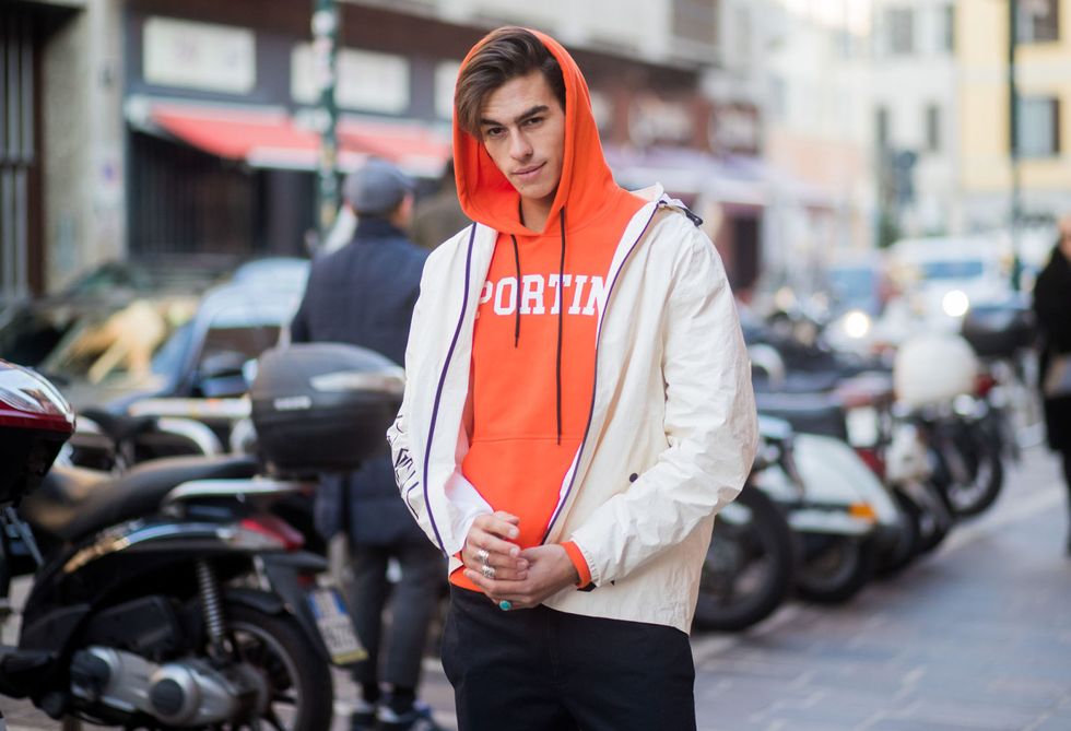 Street fashion, Clothing, Fashion, Jacket, Outerwear, Snapshot, Jeans, Orange, Street, Vehicle, 