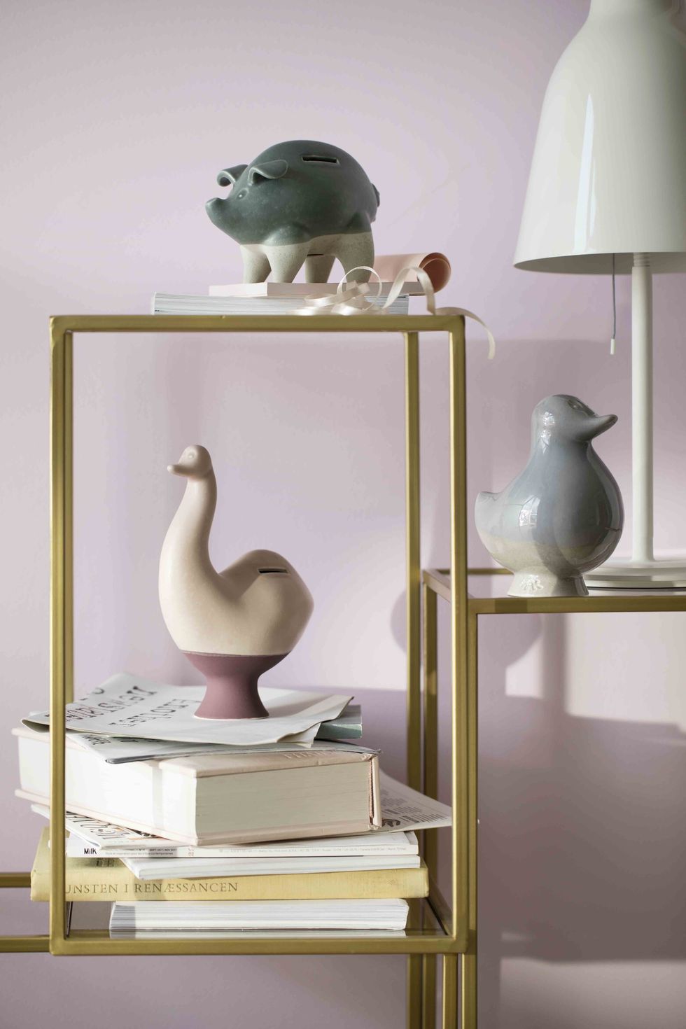 Shelf, Furniture, Interior design, Room, Ceramic, Table, Water bird, 