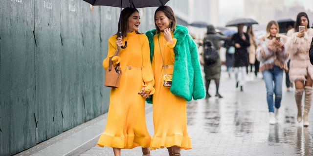 Street fashion, Yellow, Clothing, Fashion, Orange, Outerwear, Snapshot, Fashion model, Dress, Costume, 