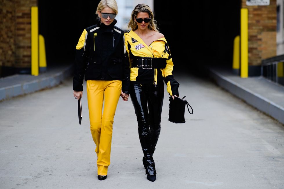 Yellow, Street fashion, Fashion, Outerwear, Workwear, High-visibility clothing, Fun, Jacket, Trousers, Personal protective equipment, 