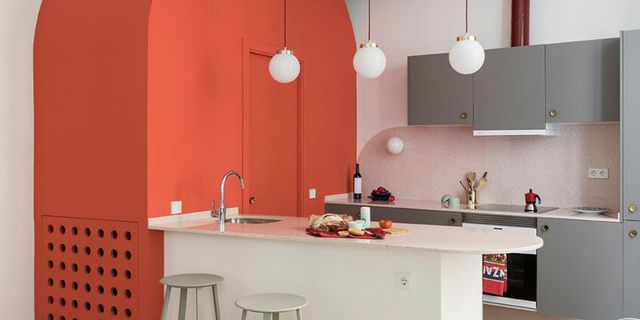 Orange, Room, Red, Kitchen, Furniture, Property, Pink, Interior design, Countertop, Cabinetry, 