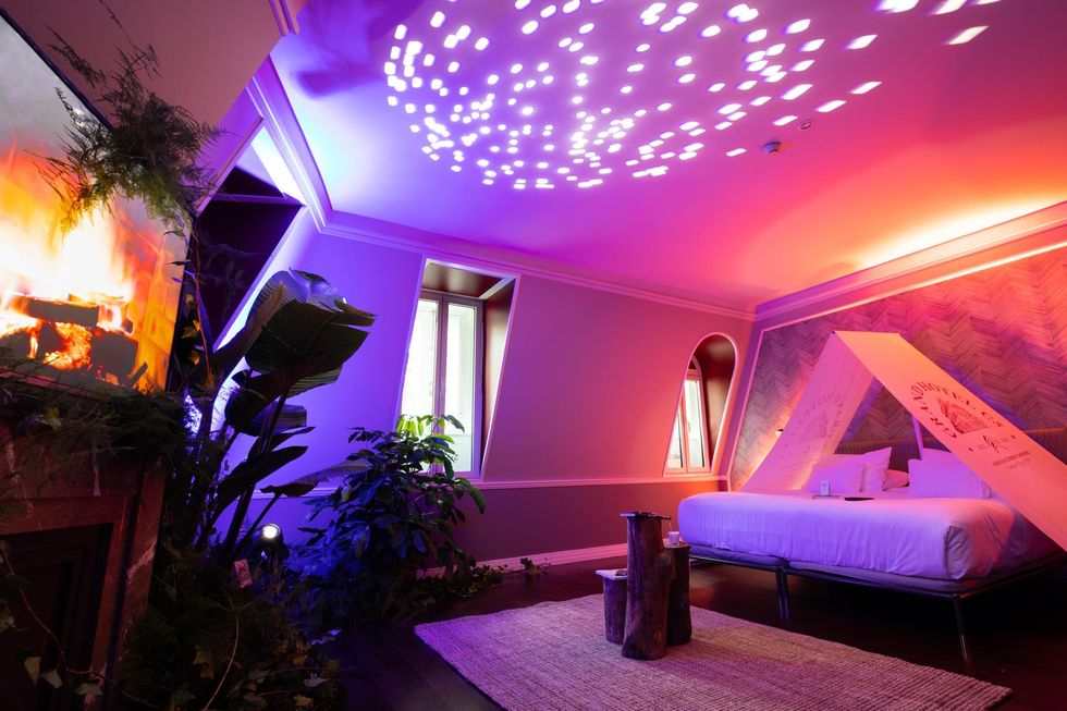 Purple, Ceiling, Lighting, Violet, Room, Interior design, Light, Furniture, Building, Decoration, 