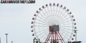 Ferris wheel, Road, Infrastructure, Road surface, Asphalt, Photograph, Red, Public space, Line, Plain, 