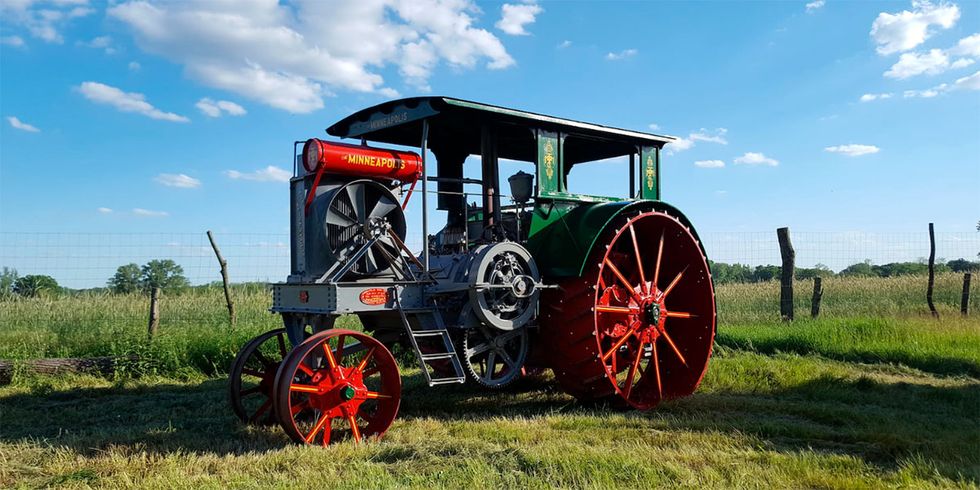 Vehicle, Transport, Motor vehicle, Auto part, Steam engine, Tractor, Rural area, Wheel, Agricultural machinery, Sky, 